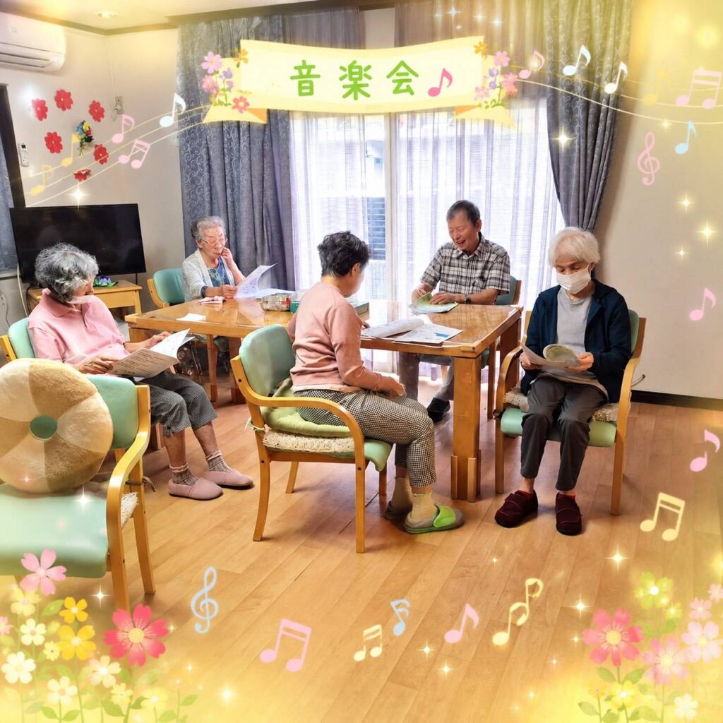 （皆で音楽会）歌詞カードを手に音楽会を楽しむ利用者様 高齢者の音楽レクリエーション ファミリーケア心の家 上池台